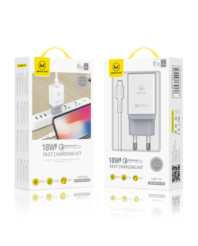 Maxcell (CDQ090) - Incarcator Retea + Cablu USB-C, 18W, 3A, 1xUSB-A, QC 3.0, White