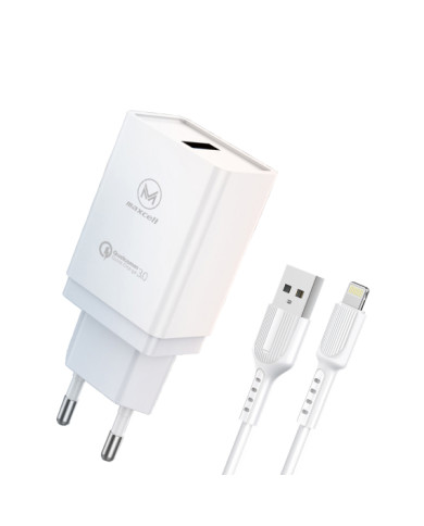 Maxcell (CDQ090) - Incarcator Retea + Cablu USB-C, 18W, 3A, 1xUSB-A, QC 3.0, White