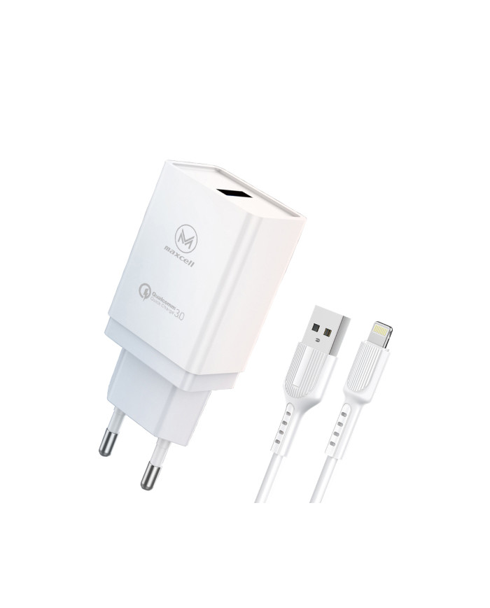 Maxcell (CDQ090) - Incarcator Retea + Cablu USB-C, 18W, 3A, 1xUSB-A, QC 3.0, White
