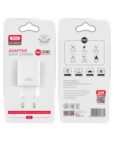 XO (L99) - Incarcator Retea, 2.4A, 1xUSB-A, QC 3.0, White