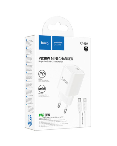 Incarcator Retea + Cablu USB-C, 1m, PD30W, 1xUSB-C, FastCharge, WHITE