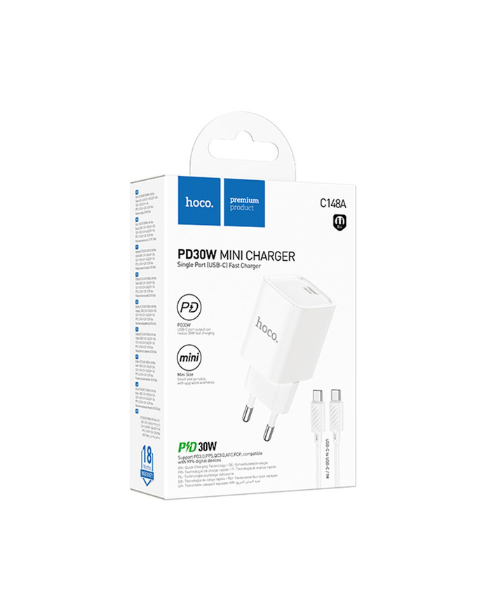 Incarcator Retea + Cablu USB-C, 1m, PD30W, 1xUSB-C, FastCharge, WHITE