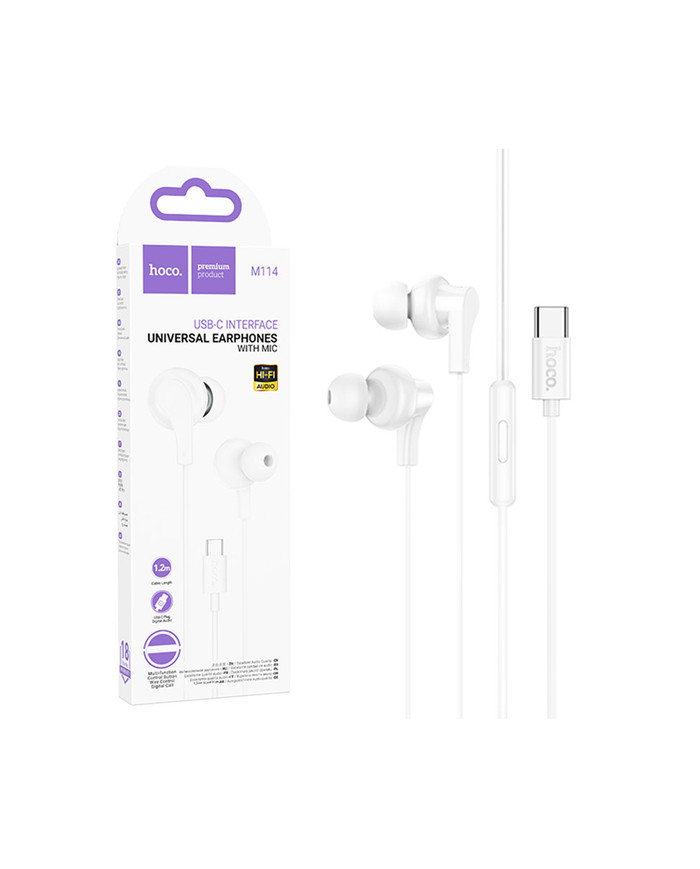 Hoco (M114) - Casti cu Fir, In Ear, USB-C, 1.2m, Mic & Volume Key, White