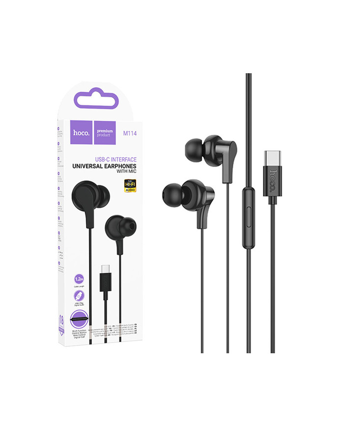 Hoco (M114) - Casti cu Fir, In Ear, USB-C, 1.2m, Mic & Volume Key, Black