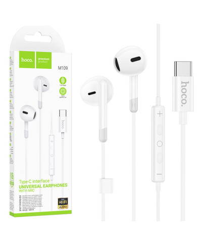Hoco (M109) - Casti cu Fir, In Ear, USB-C, 1.2m, Mic & Volume Key, HiFi, White