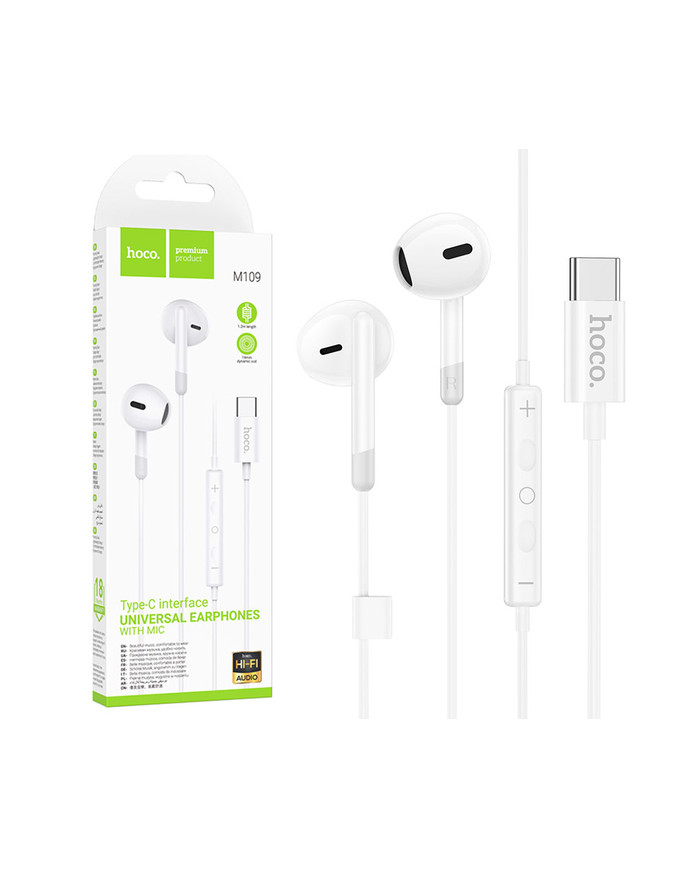 Hoco (M109) - Casti cu Fir, In Ear, USB-C, 1.2m, Mic & Volume Key, HiFi, White