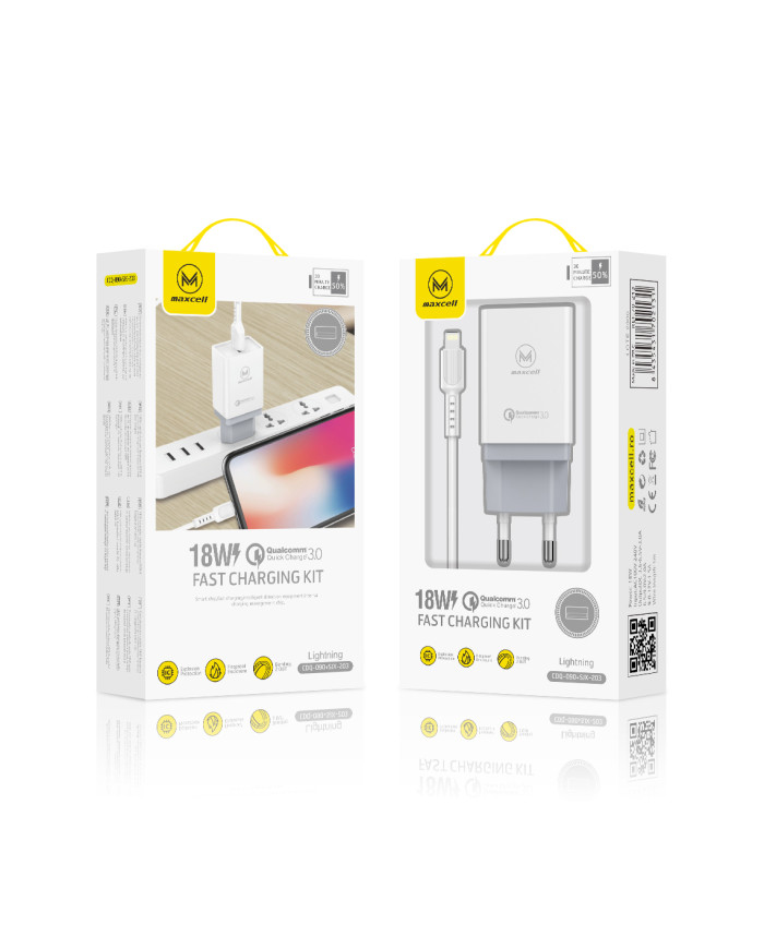 Maxcell (CDQ090) - Incarcator Retea + Cablu USB-C, 18W, 3A, 1xUSB-A, QC 3.0, White
