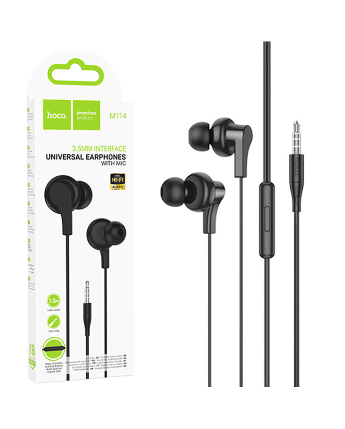 Hoco (M114) - Casti cu Fir, In Ear, 3.5mm, 1.2m, Mic & Volume Key, Black