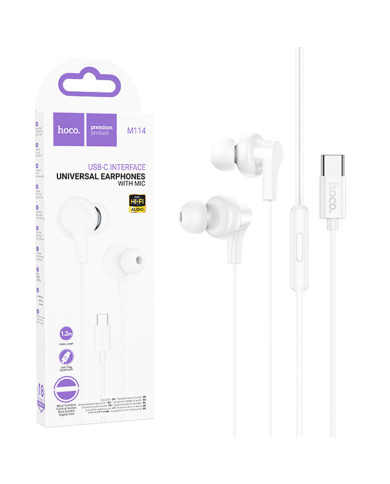 Hoco (M114) - Casti cu Fir, In Ear, USB-C, 1.2m, Mic & Volume Key, White