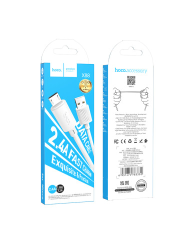 Hoco (X88) - Cablu Date si Incarcare, USB-A la MicroUSB, 18W, 2.4A, 1m, White