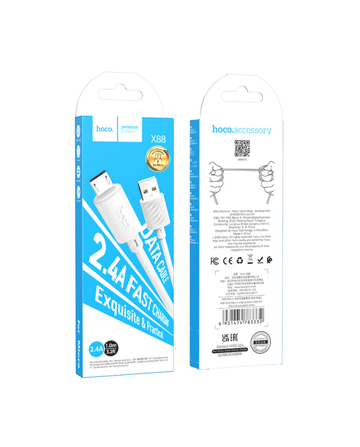 Hoco (X88) - Cablu Date si Incarcare, USB-A la MicroUSB, 18W, 2.4A, 1m, White